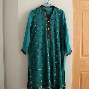 Teal and Maroon Embroidered Fully Lined Shalwar Kameez
